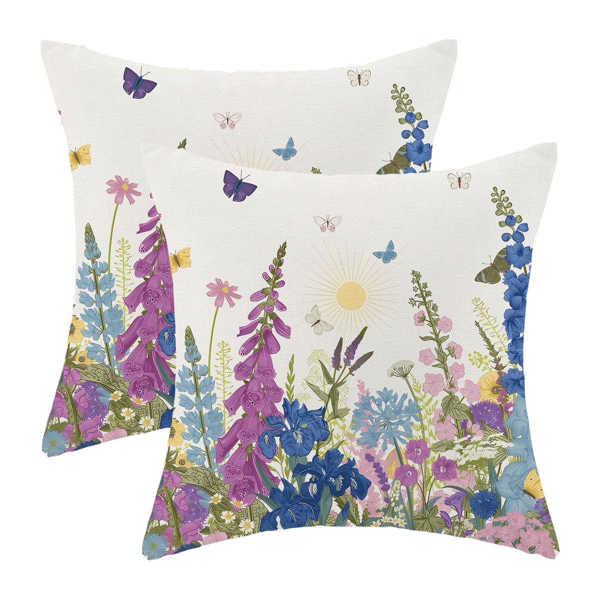 AEIOAE Spring Pillow Covers 18x18 Inch Set of 2,Blue Teal Wild Flower Plant Throw Pillows Case,Seasonal Floral Outdoor Decorative Square Linen Farmhouse Decor Cushion Covers for Home Sofa Bed Couch