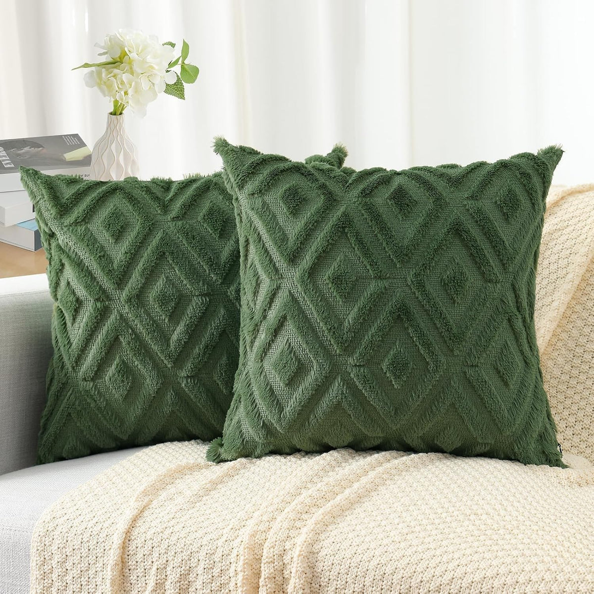 Pallene Fall Cream White Faux Fur Throw Pillow Covers 18x18 Set of 2