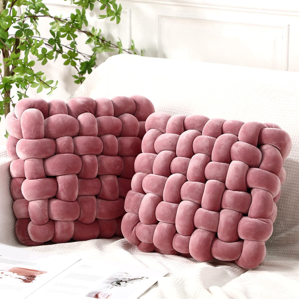 Wenqik 2 Pcs Knot Pillows Square Throw Pillow, Caramel, Crystal Velvet