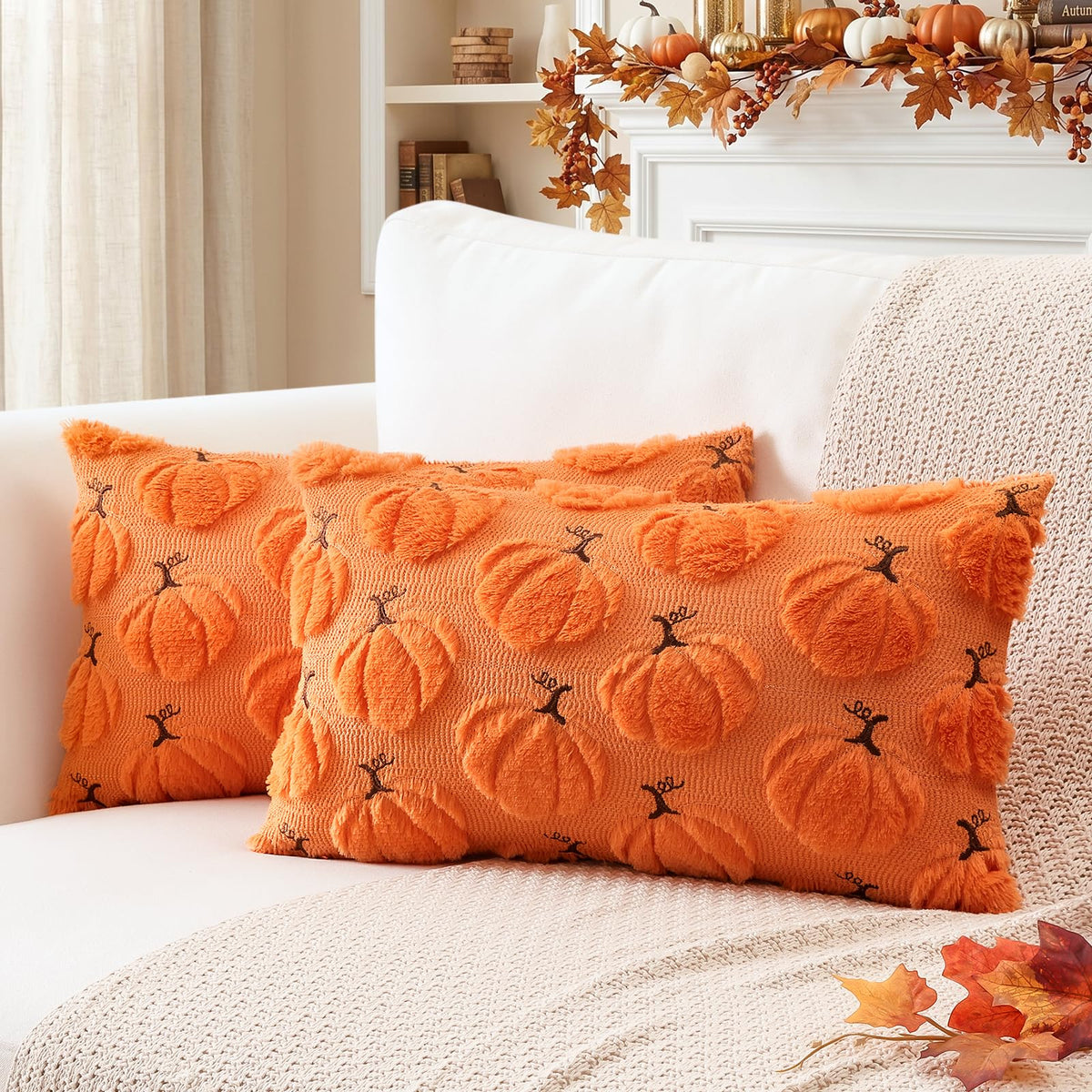 Artscope Fall Pumpkin Throw Pillow Covers 18x18 Set of 2, Autumn Soft Plush Faux Fur Decoration Cushion Covers for Thanksgiving Holiday Couch Sofa Bedroom Home Decor-Beige