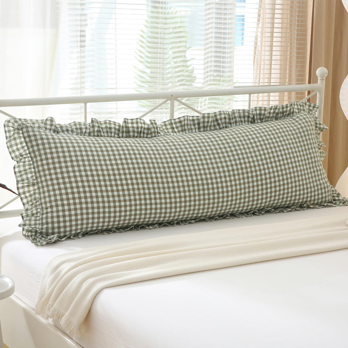 2 Pack Taupe White Gingham Ruffle Throw Pillow Covers 18''x18''