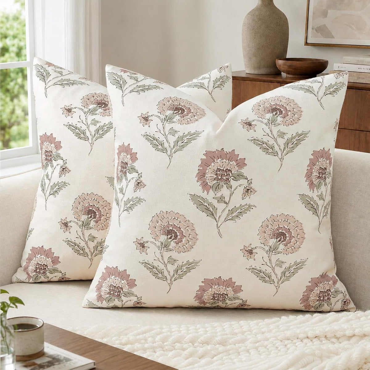 Vintage Throw Pillow Covers 20x20 Set of 2, Cotton Floral Pillow Cover Botanical Patterned Decorative Cushion Covers Modern Farmhouse Home Decor for Sofa Couch Bed Living Room, Blush Meadow