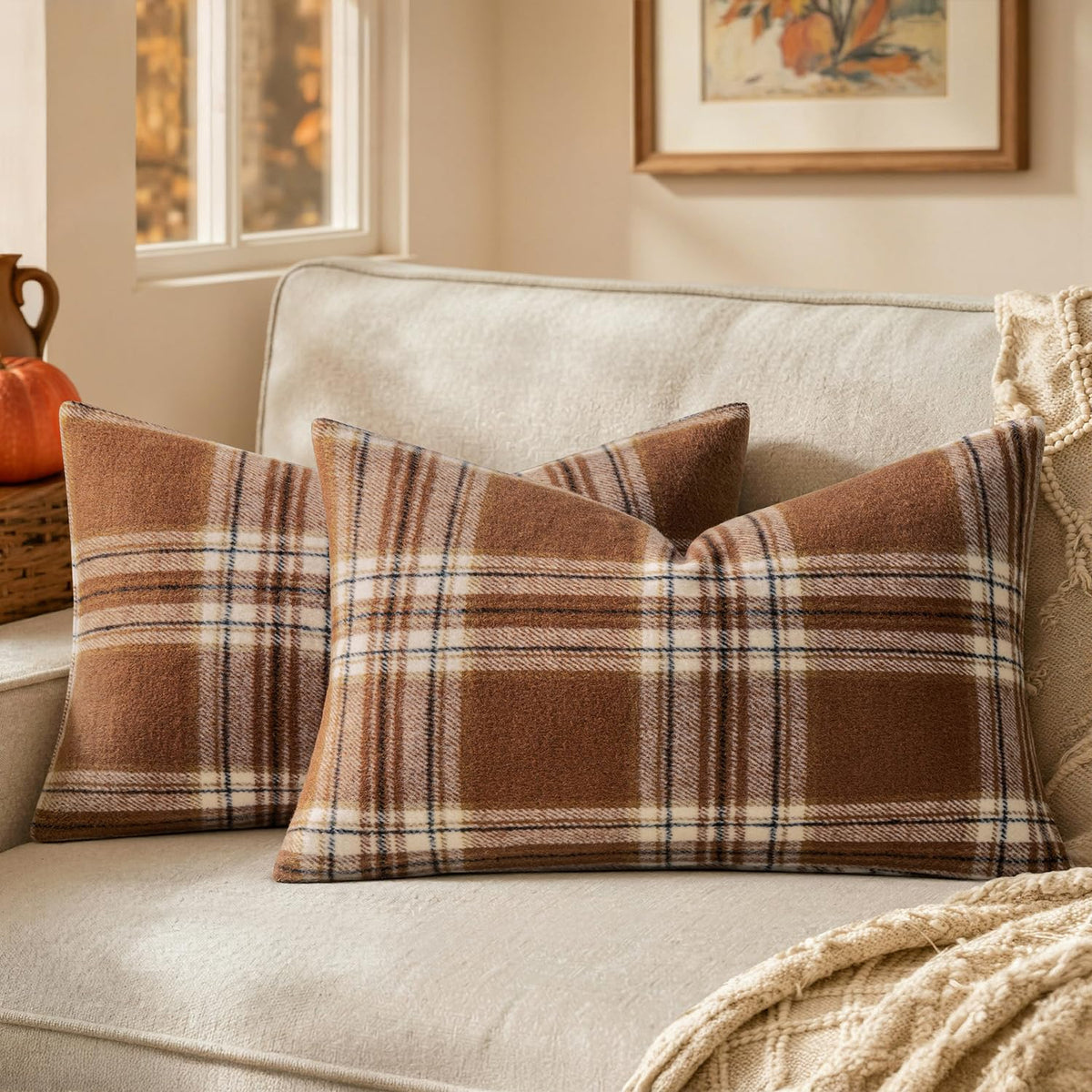 MIULEE Fall Plaid Decorative Pillow Covers Set of 2 18x18 Rust