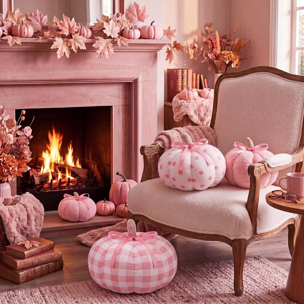 Yookeer 3 Pcs Pumpkin Throw Pillows Sherpa Fall Decor, Pink