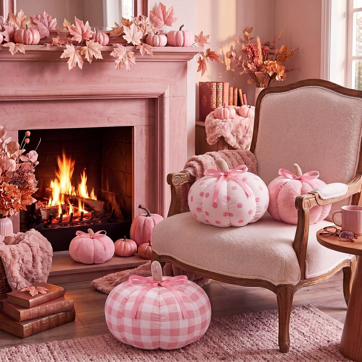 Yookeer 3 Pcs Pumpkin Throw Pillows Sherpa Fall Decor, Pink