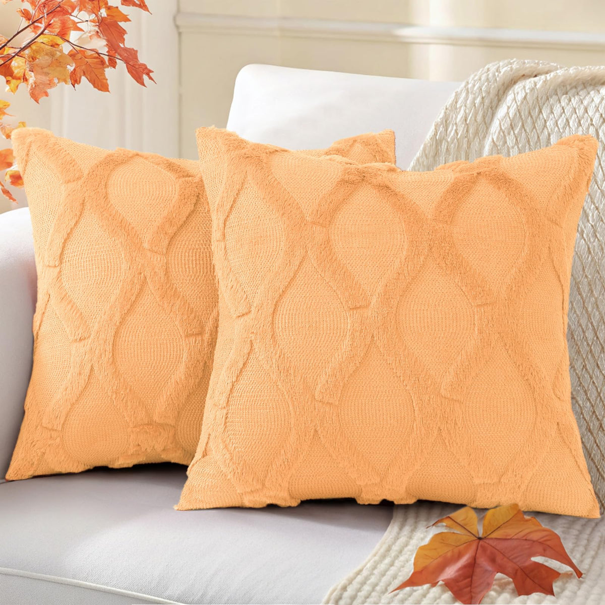 decorUhome Fall Throw Pillow Covers 18x18 Inch Set of 2, Soft Plush Faux Fur Wool Rust Couch Pillow Covers, Decorative Neutral Pillow Cases for Bed Sofa Living Room Home Decor