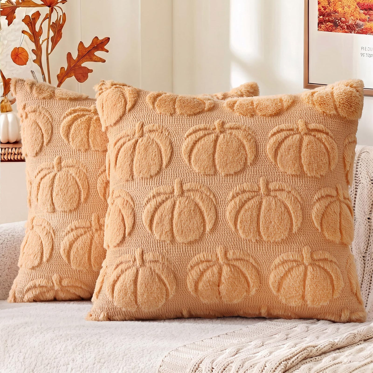 decorUhome Beige Bow Cute Girl Faux Fur Throw Pillow Covers 18x18 Set of 2