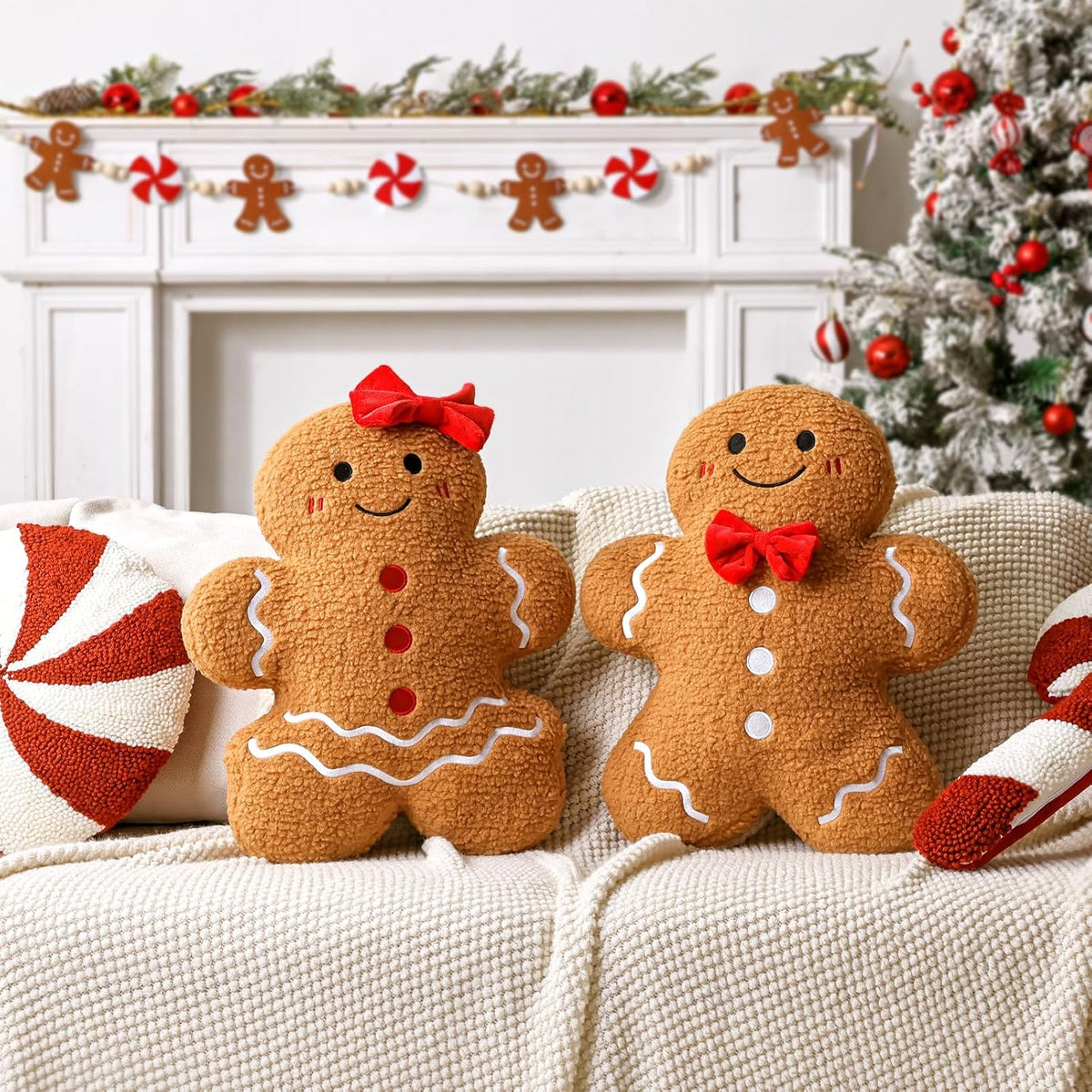 Christmas Decorations Indoor Throw Pillows: Cute Teddy Fleece Gingerbread Man Couple Christmas Pillows, Soft Stuffed Gingerbread Cushions Xmas Decor for Kids Home Sofa Bed Office Couch Living Room