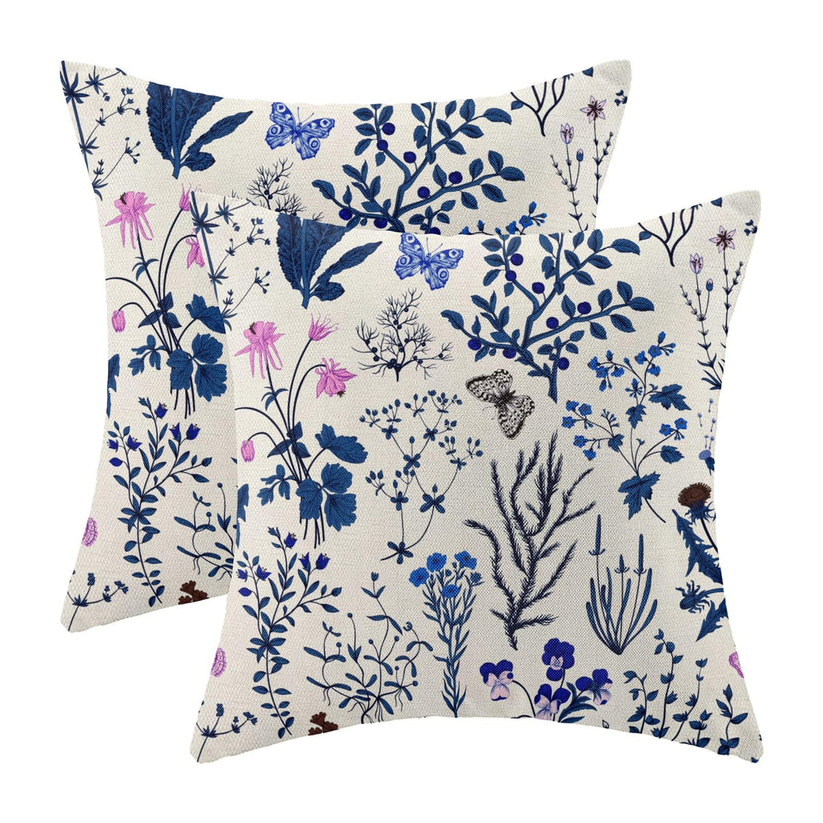 AEIOAE Spring Pillow Covers 18x18 Inch Set of 2,Blue Teal Wild Flower Plant Throw Pillows Case,Seasonal Floral Outdoor Decorative Square Linen Farmhouse Decor Cushion Covers for Home Sofa Bed Couch