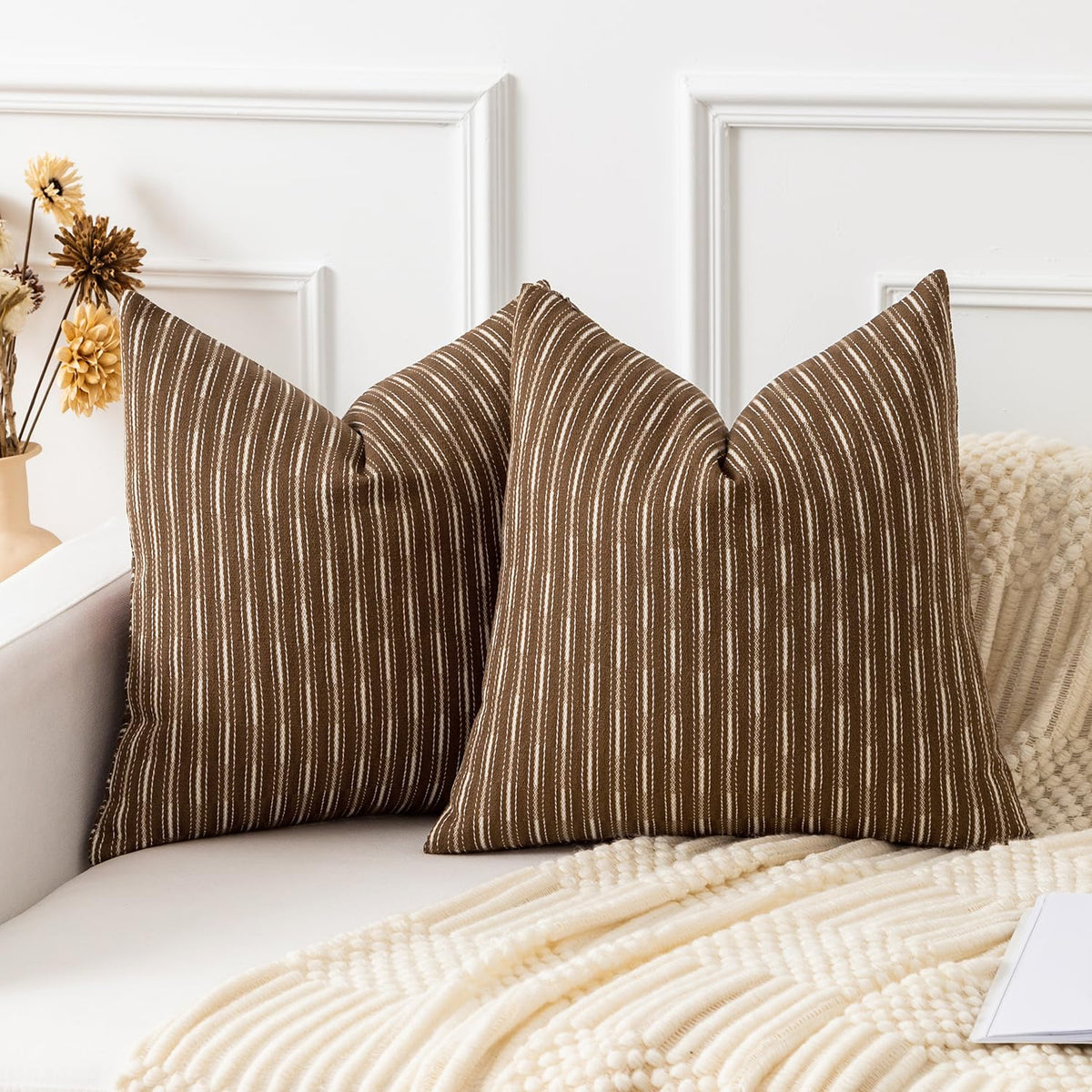 Kevin Textile Valentines Farmhouse Decorative Throw Pillow Covers Boho Woven Texture Burlap Linen Cushion Cover Striped Pillowcase, Wine Red 18 x 18 inches Pack of 2