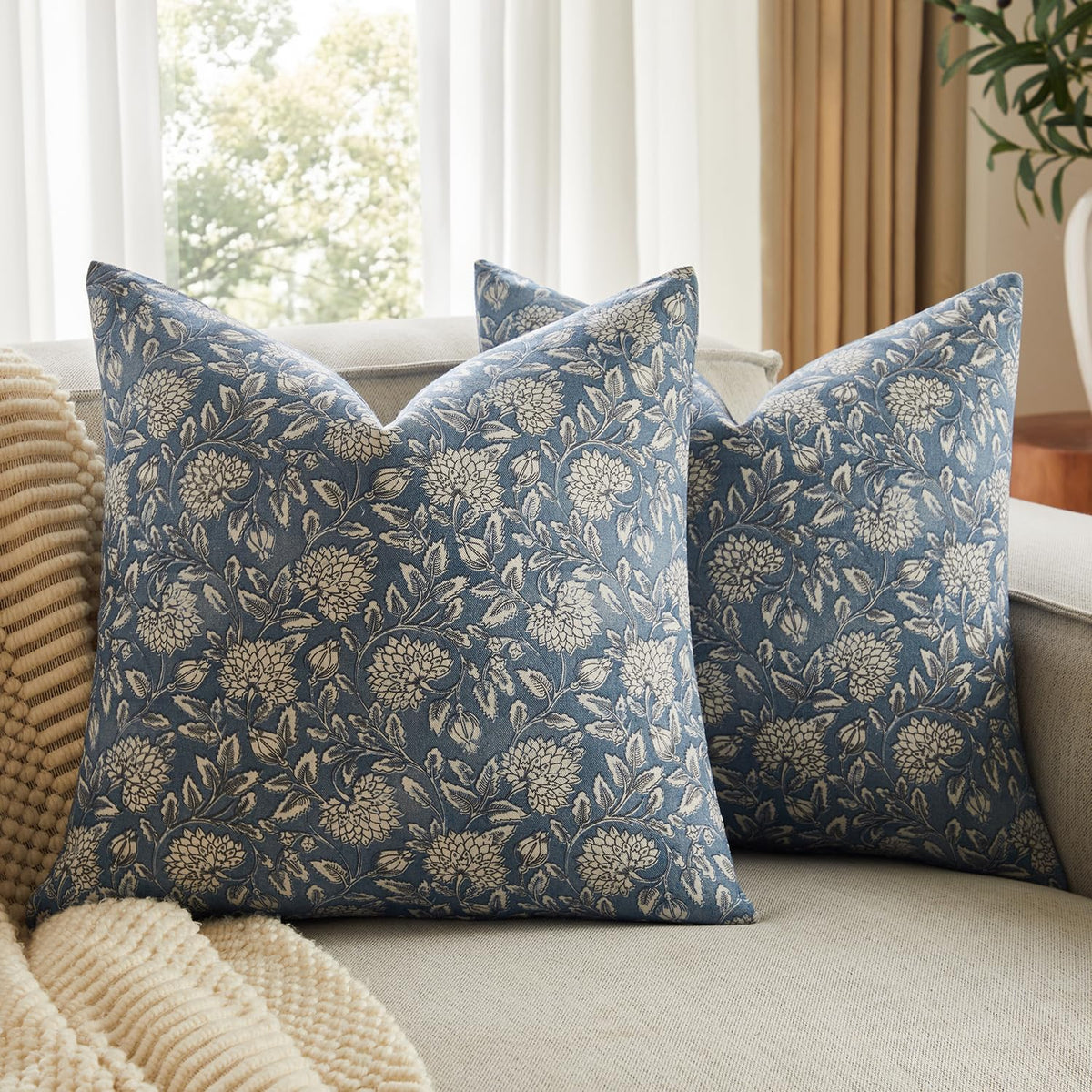 Vintage Floral Pillow Covers 18x18 Set of 2, Dahlia Botanical Block Print Style Pillow Cover Polycotton Cushion Case, Farmhouse Decor Throw Pillow for Sofa Couch Bedroom Home, Warm Brown