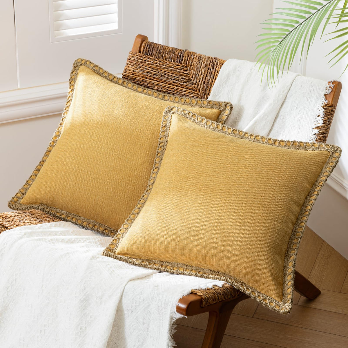Phantoscope Pack of 2 Coastal Aqua Pillow Covers 18x18, Textured Polyester with Rope Trim, Fade Resistant Vintage Turquoise Blue Decorative Cushion Cases, Hidden Zipper, Farmhouse Boho Beach Decor
