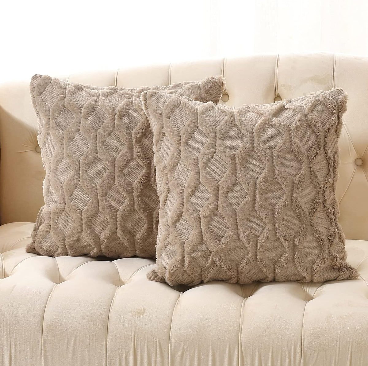 Volcanics Pack of 2 Faux Wool Light Brown Throw Pillow Covers 20x20 Inch
