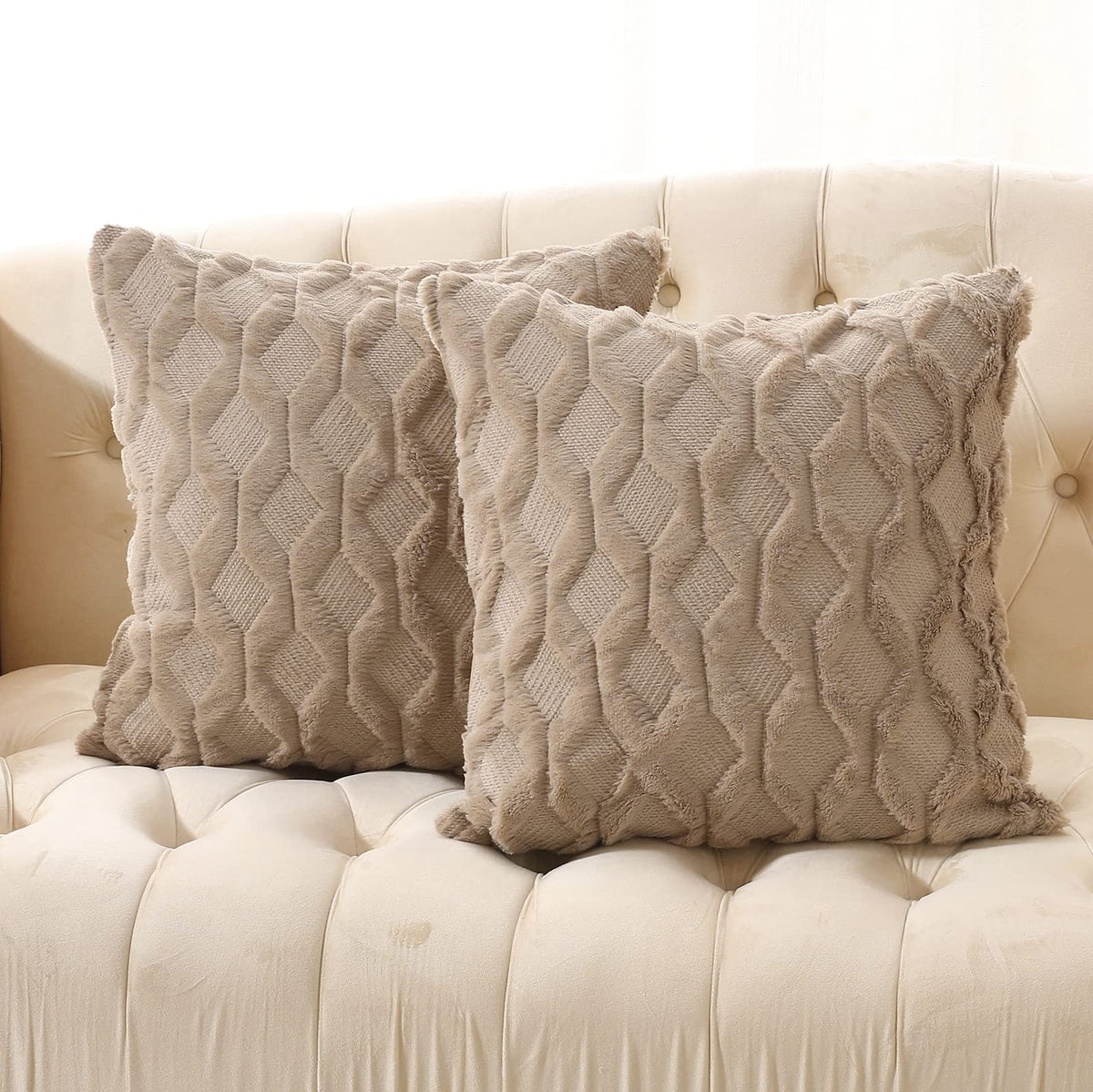Volcanics Pack of 2 Faux Wool Light Brown Throw Pillow Covers 20x20 Inch