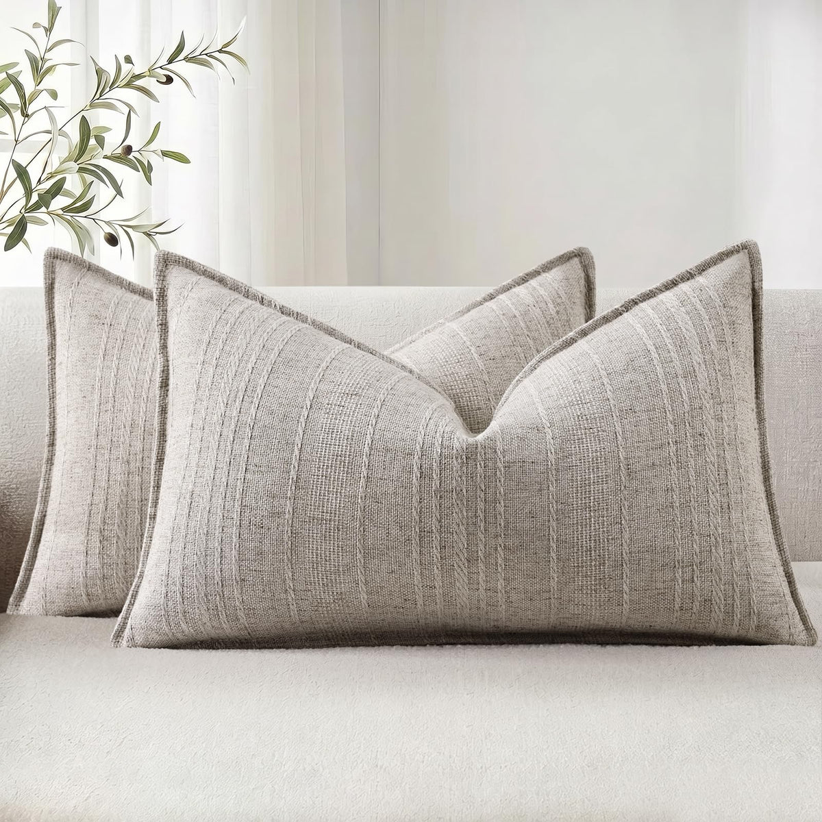 decorUhome Sage Green Textured Linen Throw Pillow Covers 18x18 Set of 2