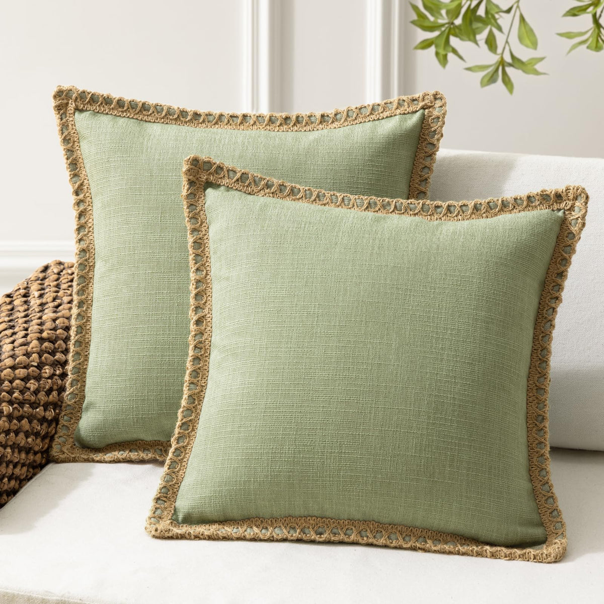 Phantoscope Pack of 2 Coastal Aqua Pillow Covers 18x18, Textured Polyester with Rope Trim, Fade Resistant Vintage Turquoise Blue Decorative Cushion Cases, Hidden Zipper, Farmhouse Boho Beach Decor