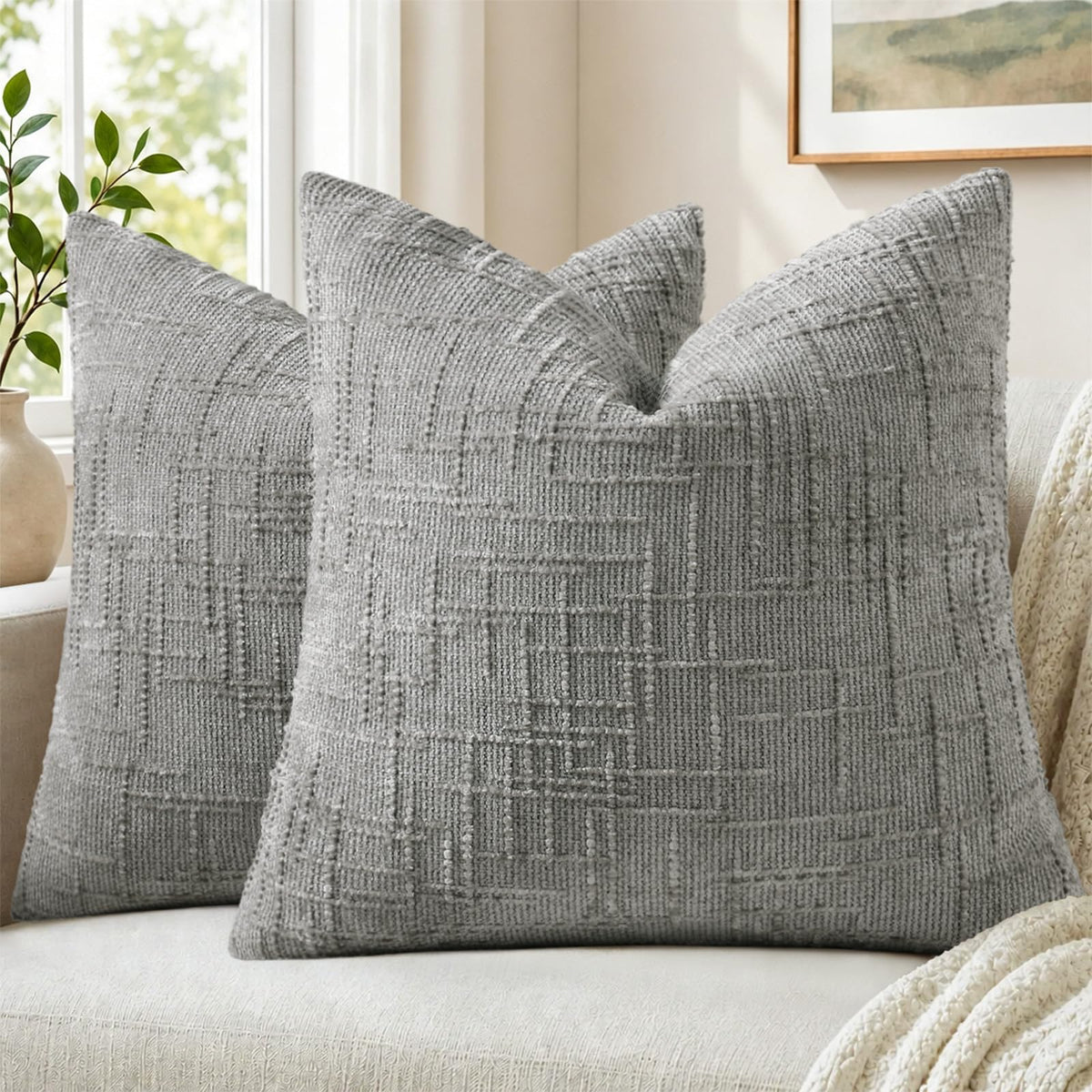 Pallene Cream White Textured Chenille Throw Pillow Covers 18x18 Set of 2