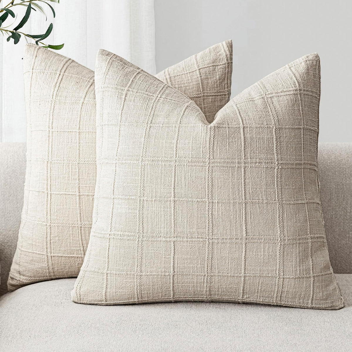 Foindtower Linen Check Decorative Throw Pillow Covers 18×18 Natural Beige