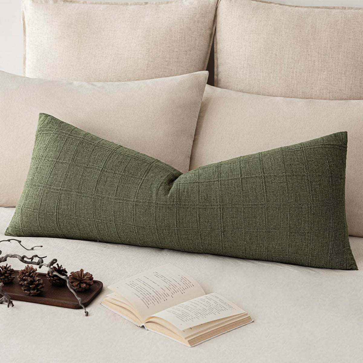 Foindtower Set of 1 Decorative Linen Check Throw Pillow Cover Neutral Farmhouse Lumbar Cushion Cover Modern Boho Home Decor for Sofa Chair Couch Bedroom Living Room,12×20 Inch,Olive Green