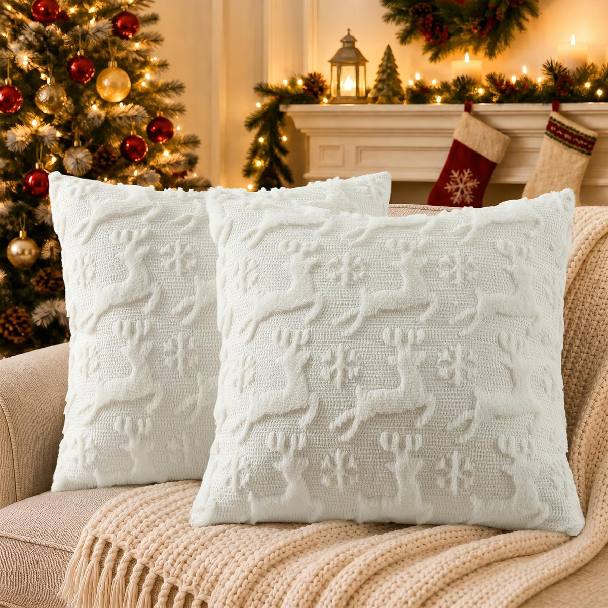 decorUhome Beige Bow Cute Girl Faux Fur Throw Pillow Covers 18x18 Set of 2