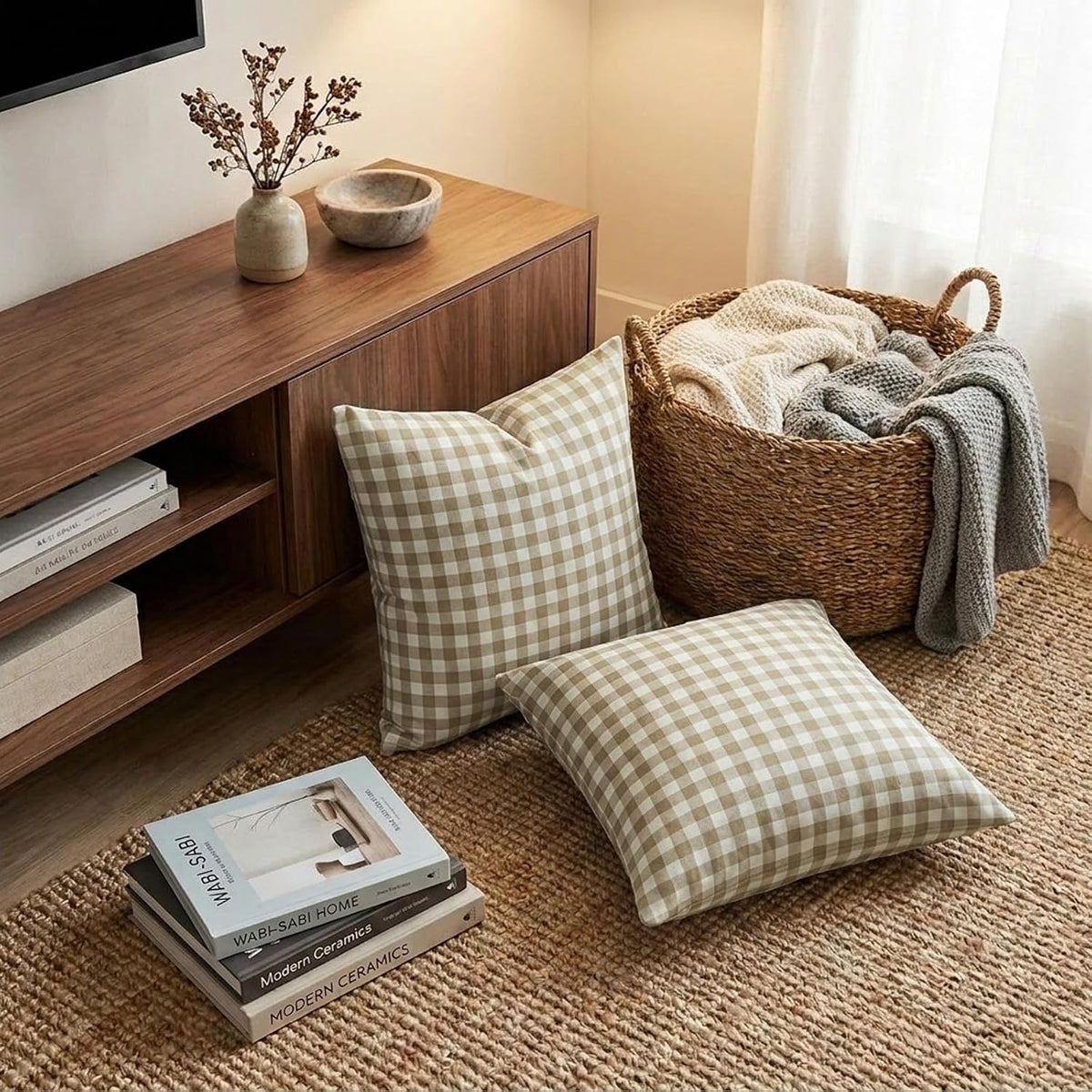 Farmhouse Brown Gingham Checkered Plaid Throw Pillow Covers 20x20 Set of 2