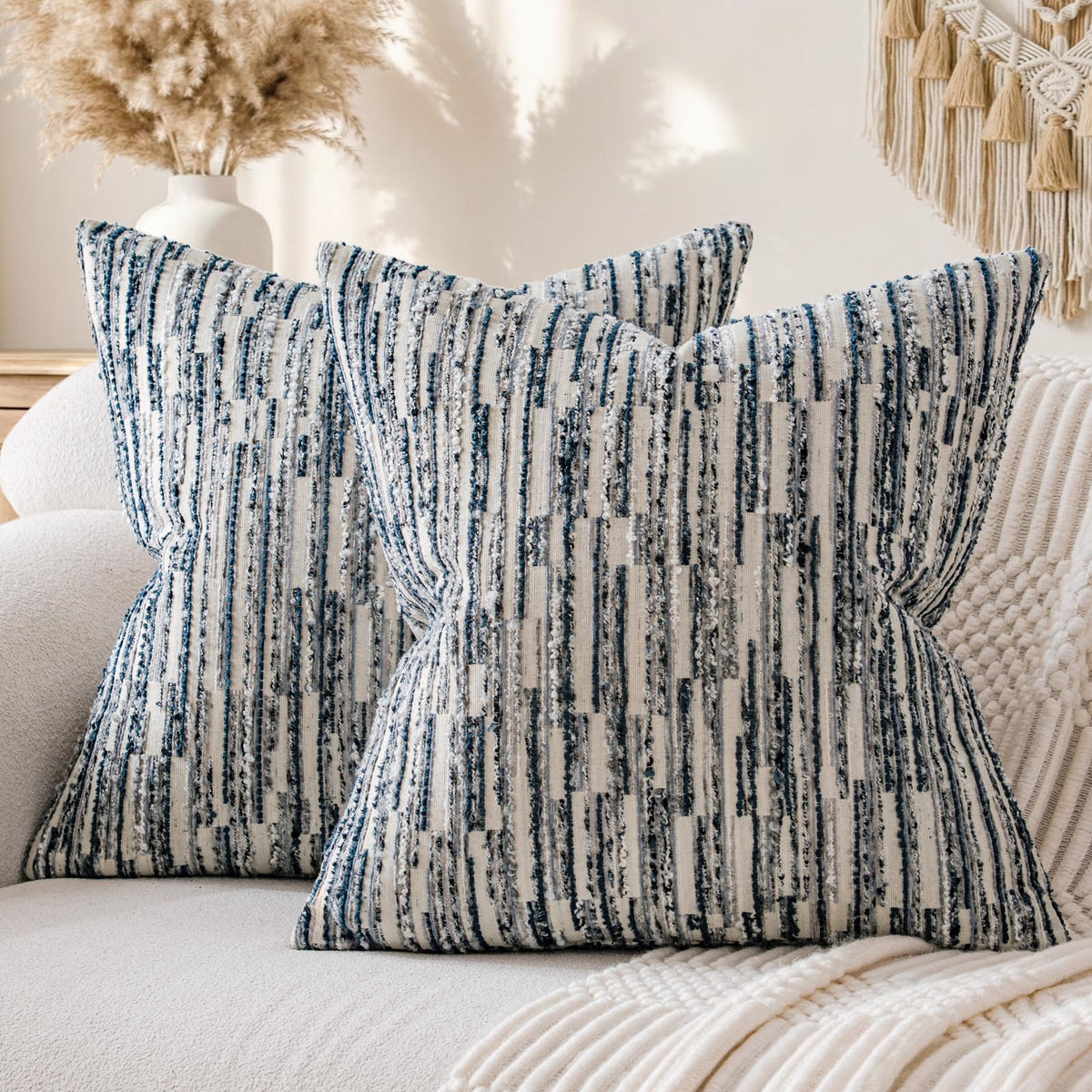 Boho Striped Decorative Throw Pillow Covers 20"X20" Set of 2,Moss Green