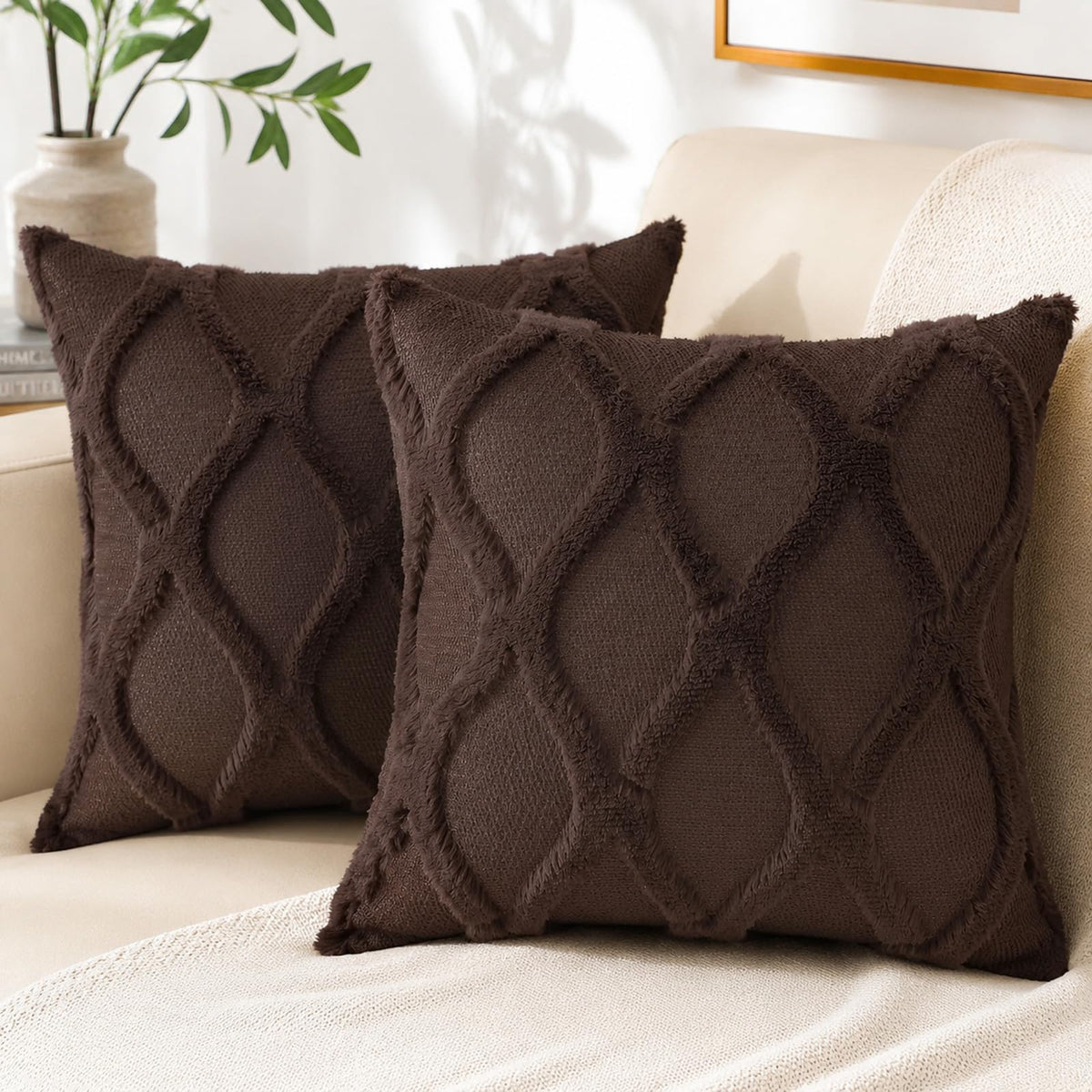 decorUhome Fall Throw Pillow Covers 18x18 Inch Set of 2, Soft Plush Faux Fur Wool Rust Couch Pillow Covers, Decorative Neutral Pillow Cases for Bed Sofa Living Room Home Decor