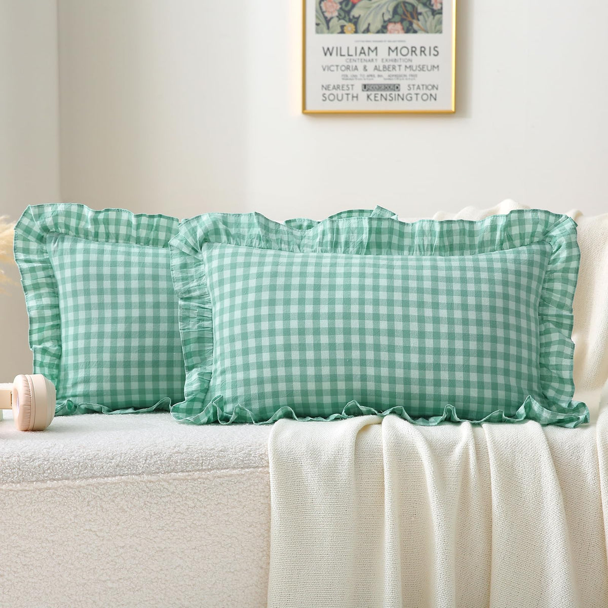 2 Pack Taupe White Gingham Ruffle Throw Pillow Covers 18''x18''