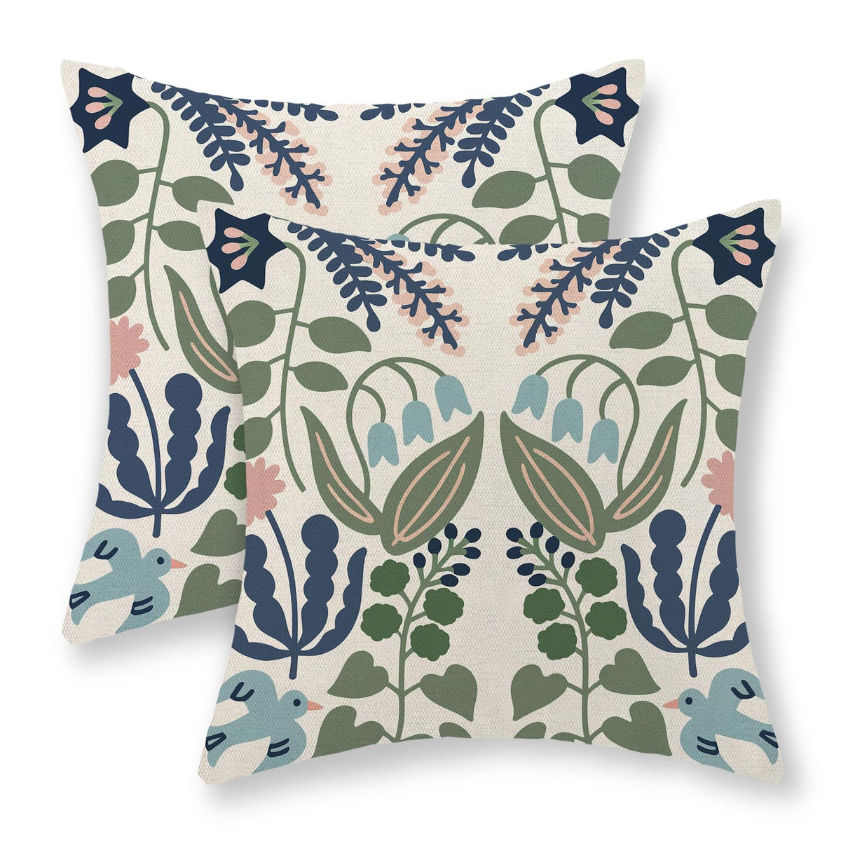 Sage Green Pillow Covers 18x18 Set of 2 Light Green Chinoiserie Bird Floral Throw Pillows Outdoor Decor Vintage Hummingbird Flower Pillow Cases Linen Decorative Cushion Cover for Couch Sofa
