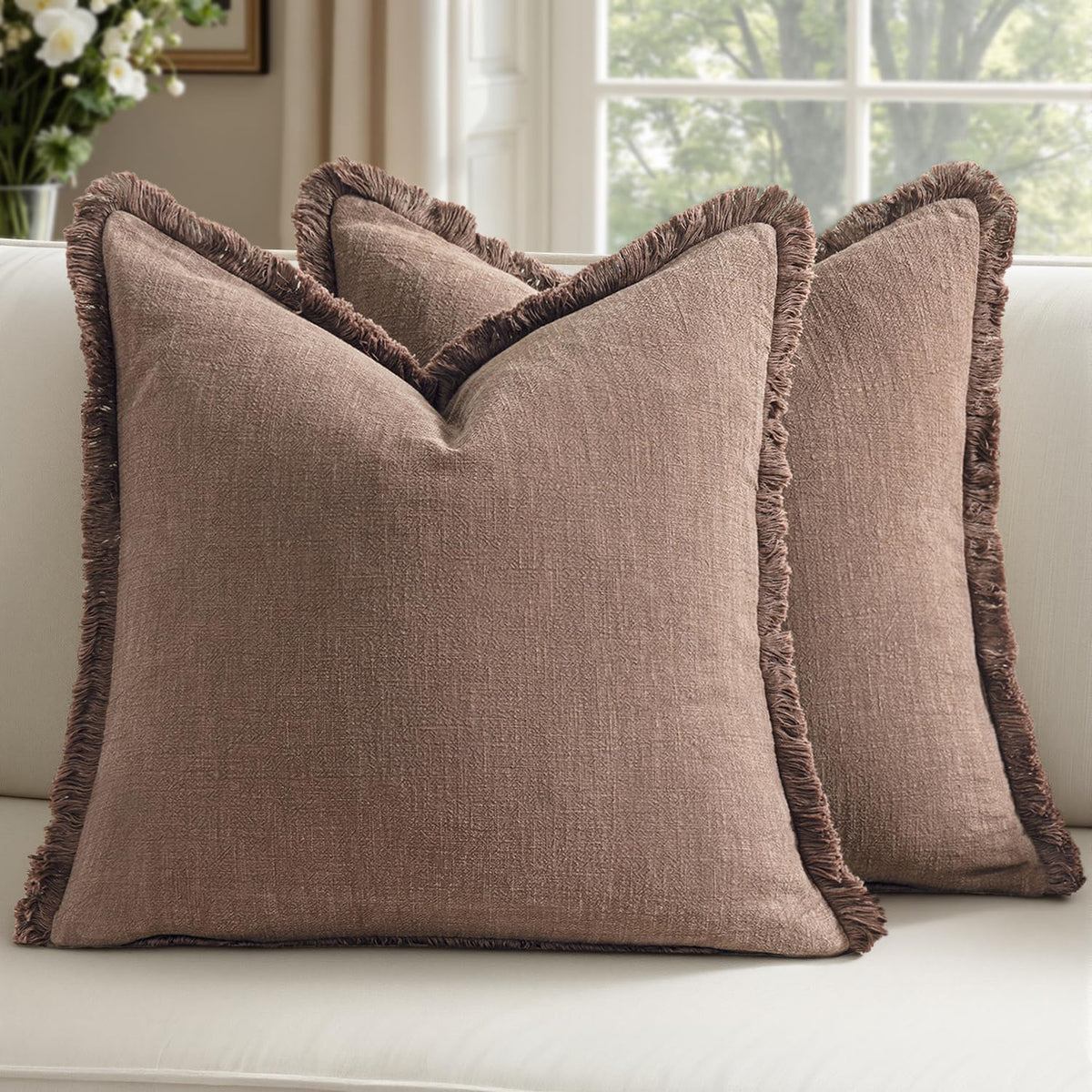 Linen Fringe Throw Pillow Covers 20x20 Inch Set of 2,Navy Blue