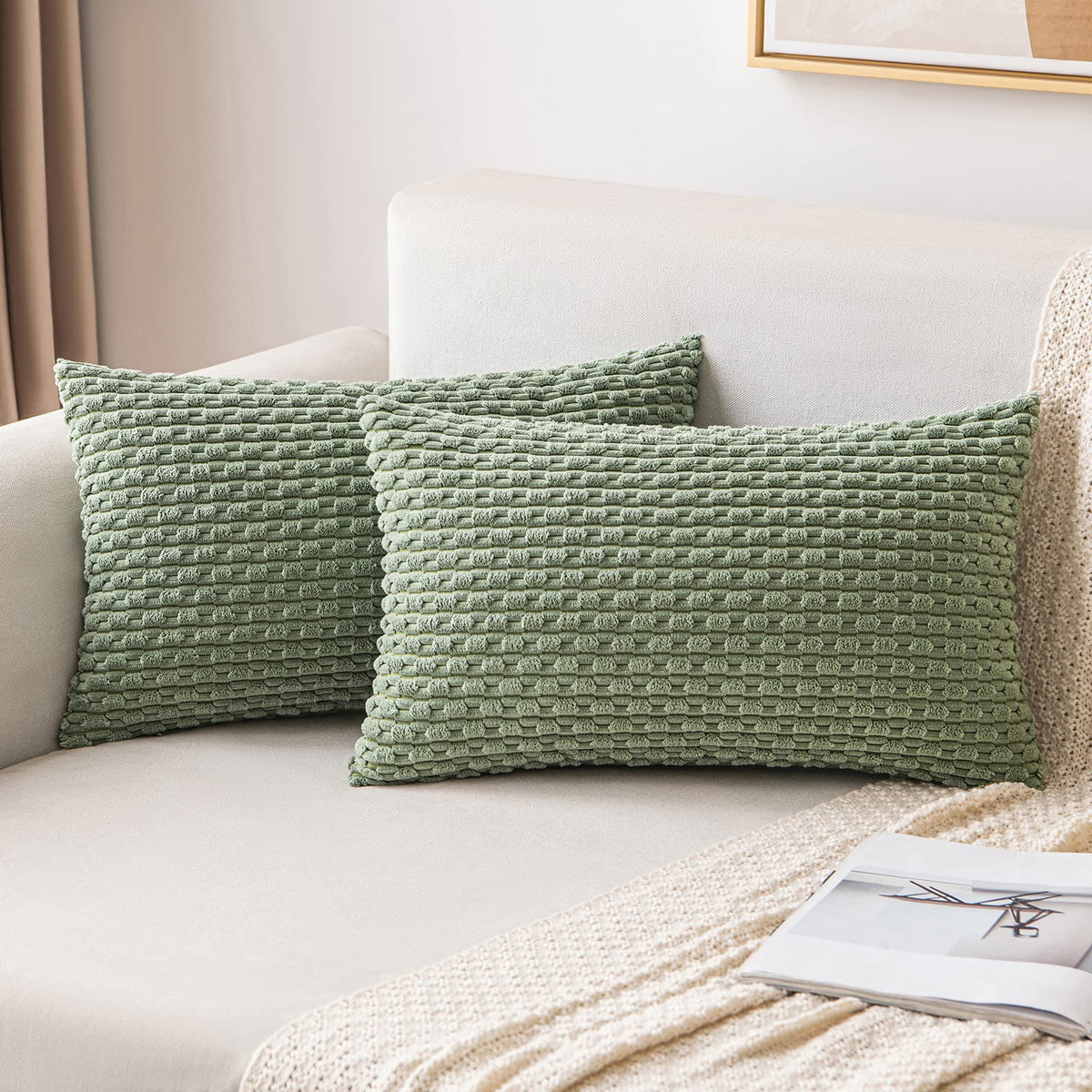MIULEE Decorative Throw Pillow Covers 20x20 Sage Green Textured Corduroy