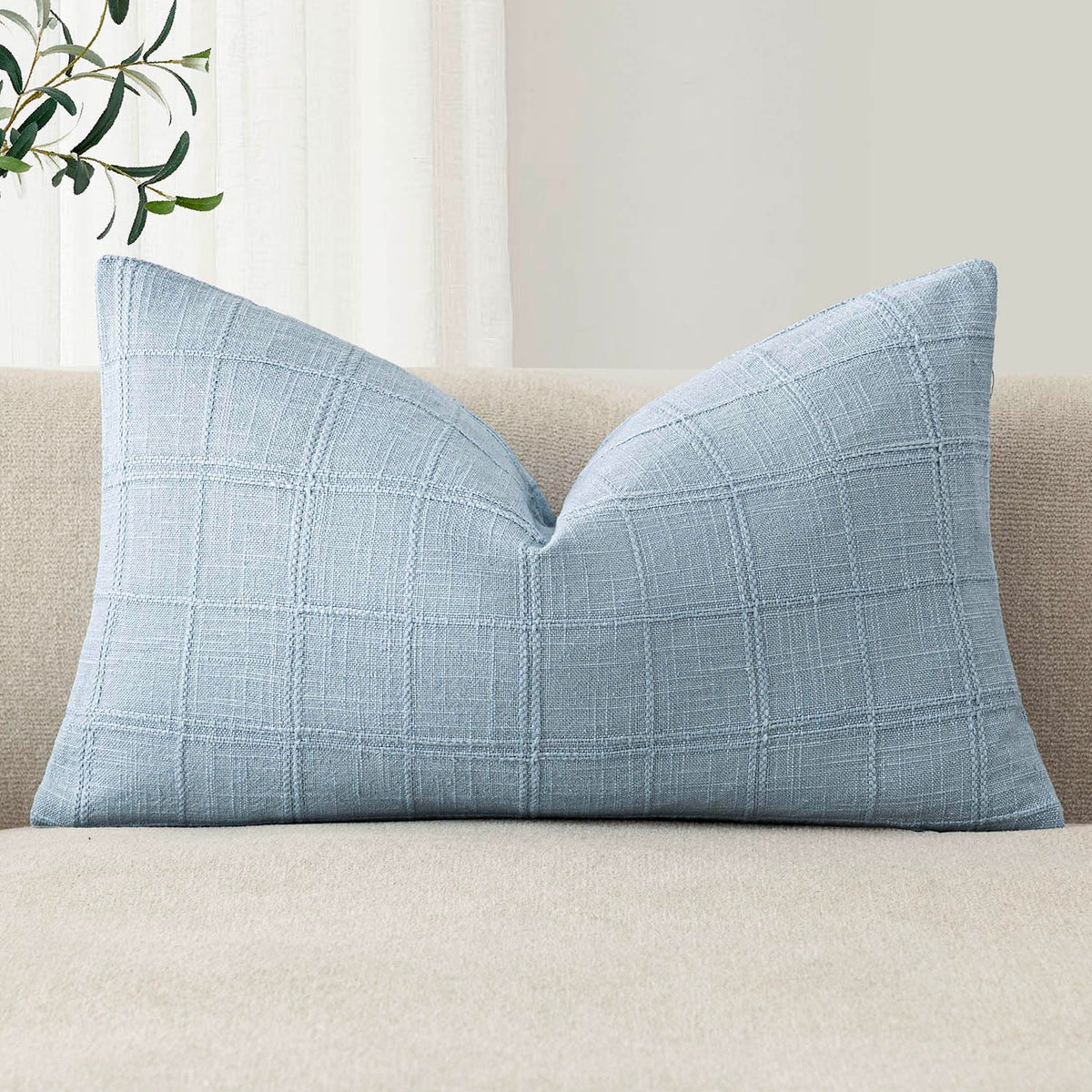Foindtower Set of 1 Decorative Linen Check Throw Pillow Cover Neutral Farmhouse Lumbar Cushion Cover Modern Boho Home Decor for Sofa Chair Couch Bedroom Living Room,12×20 Inch,Olive Green