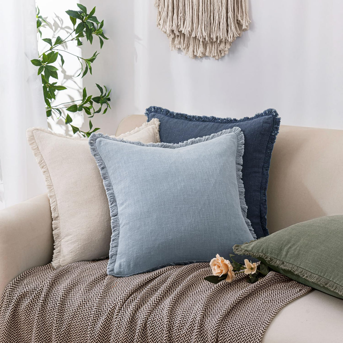 Linen Fringe Throw Pillow Covers 20x20 Inch Set of 2,Navy Blue