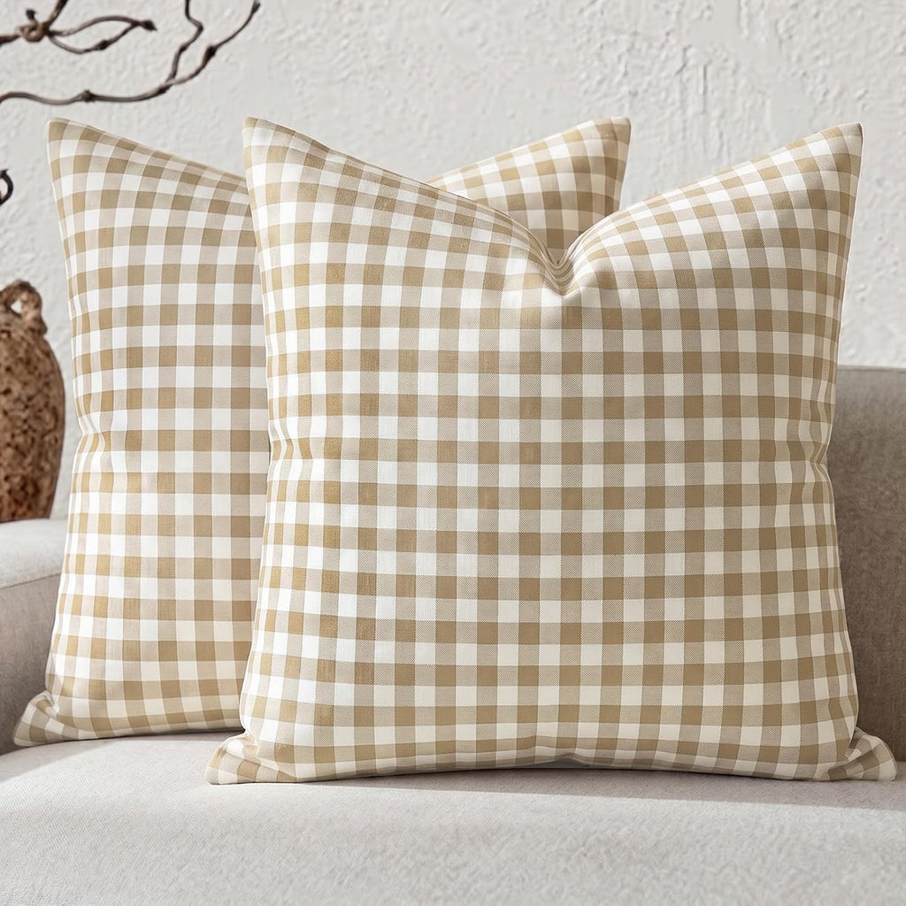 Farmhouse Brown Gingham Checkered Plaid Throw Pillow Covers 20x20 Set of 2