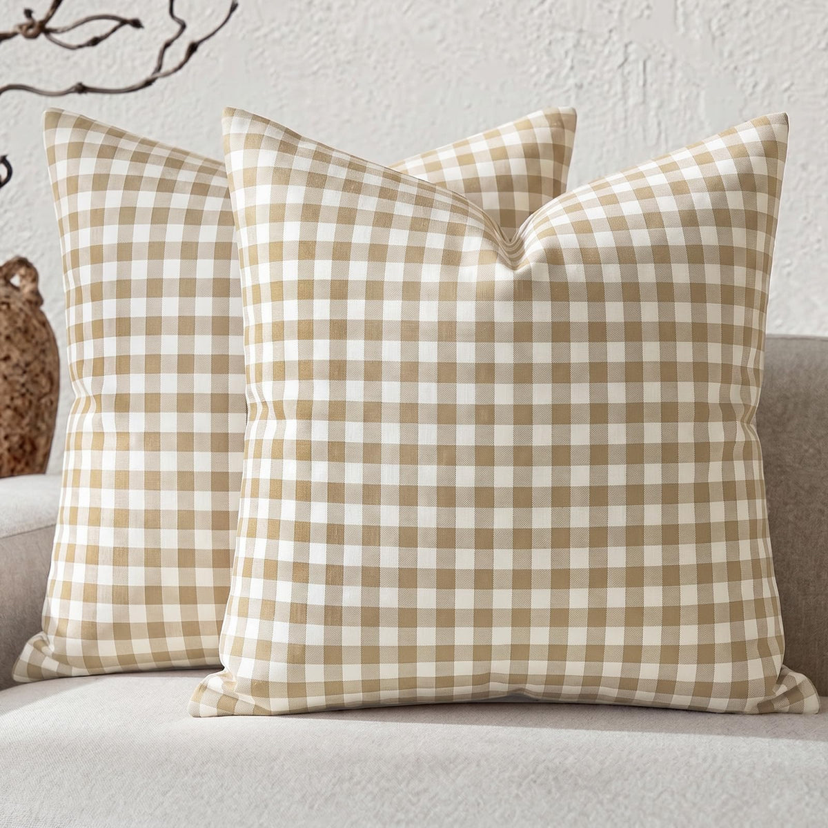 Farmhouse Brown Gingham Checkered Plaid Throw Pillow Covers 20x20 Set of 2