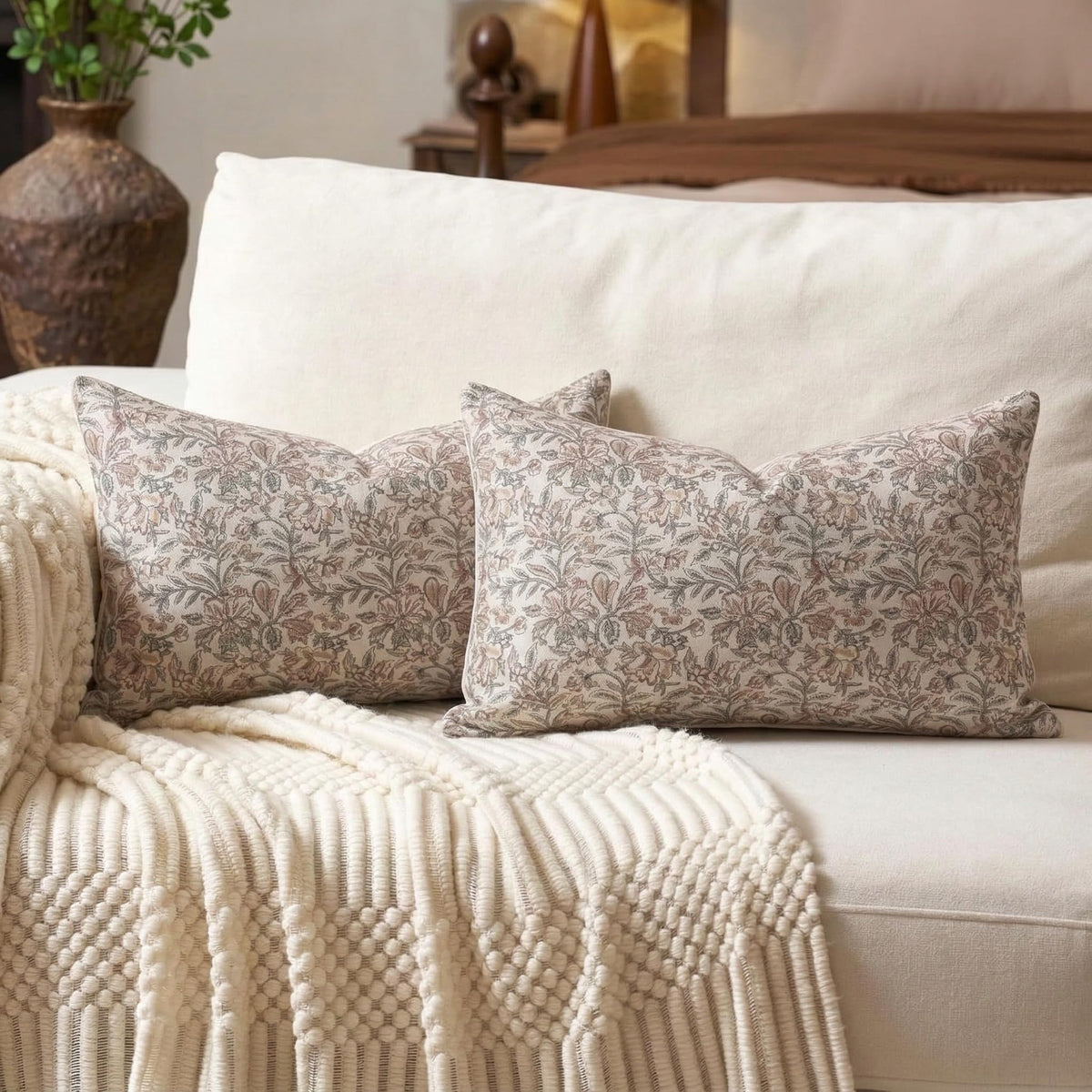 Amor Virisso Floral Throw Pillow Covers 18x18 Set of 2 Vintage Block Print Pillow Covers Decorative Pillow Covers Couch Pillows for Living Room Farmhouse Accent Sofa Pillows, Red/Sand