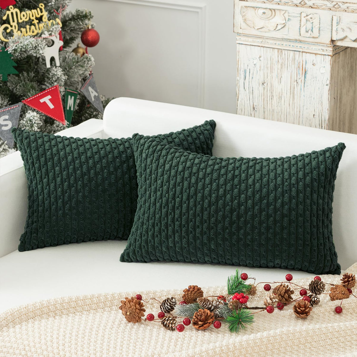 Kevin Textile Soft Corduroy 18x18 Inch Pillow Covers 2 Pack, Dark Green