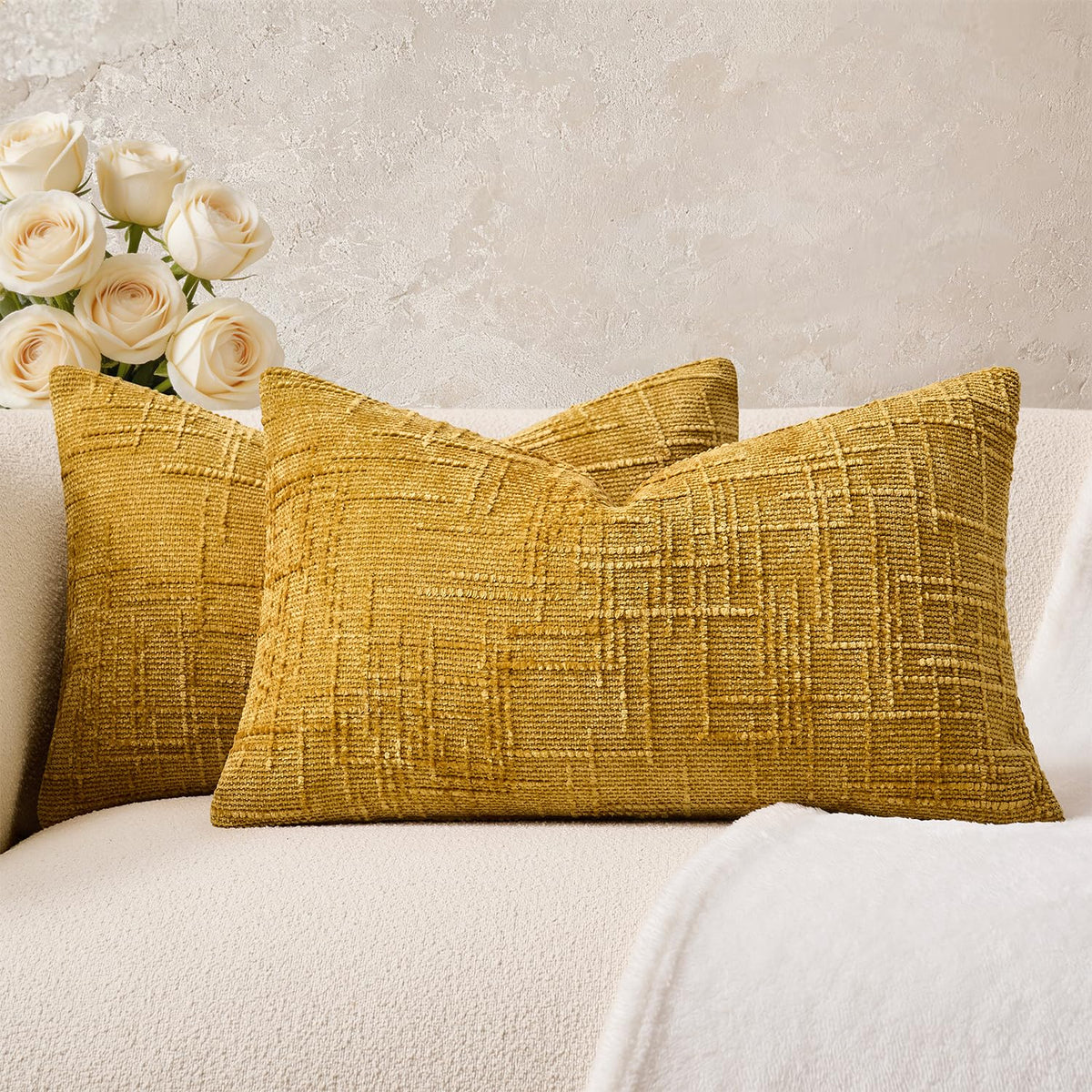 Throw Pillow Covers Mustard Yellow Set of 2 18x18 Inch Pillow Covers, Soft Fall Chenille Neutral Decorative Covers for Couch Sofa Bed Living Room, Home Modern Farmhouse Boho Decor