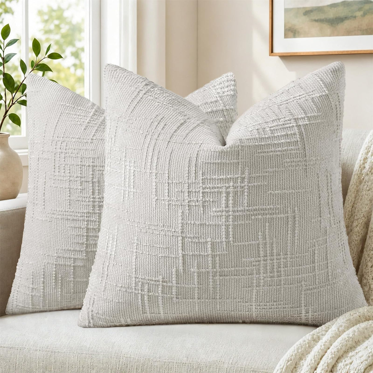Pallene Cream White Textured Chenille Throw Pillow Covers 18x18 Set of 2