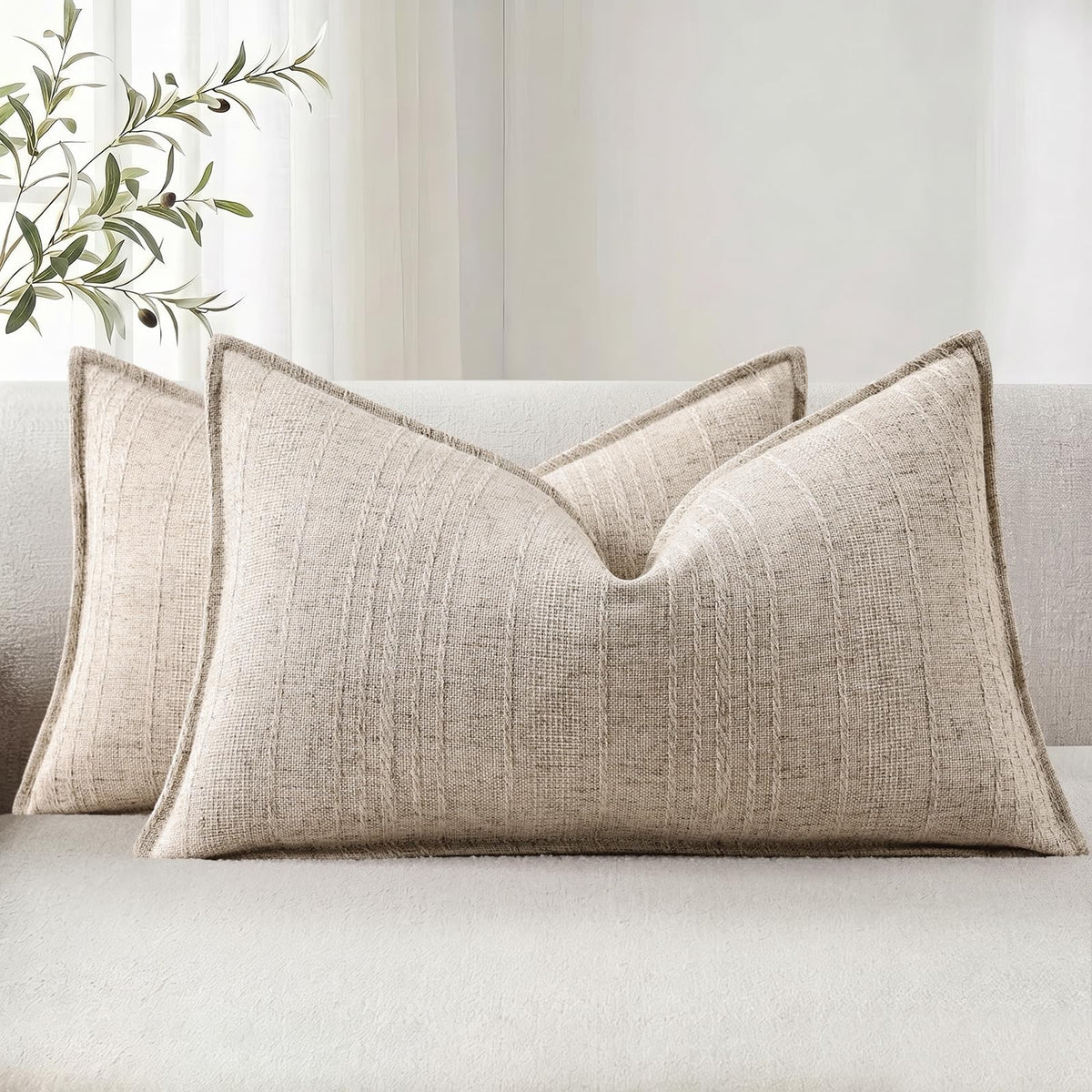 decorUhome Sage Green Textured Linen Throw Pillow Covers 18x18 Set of 2