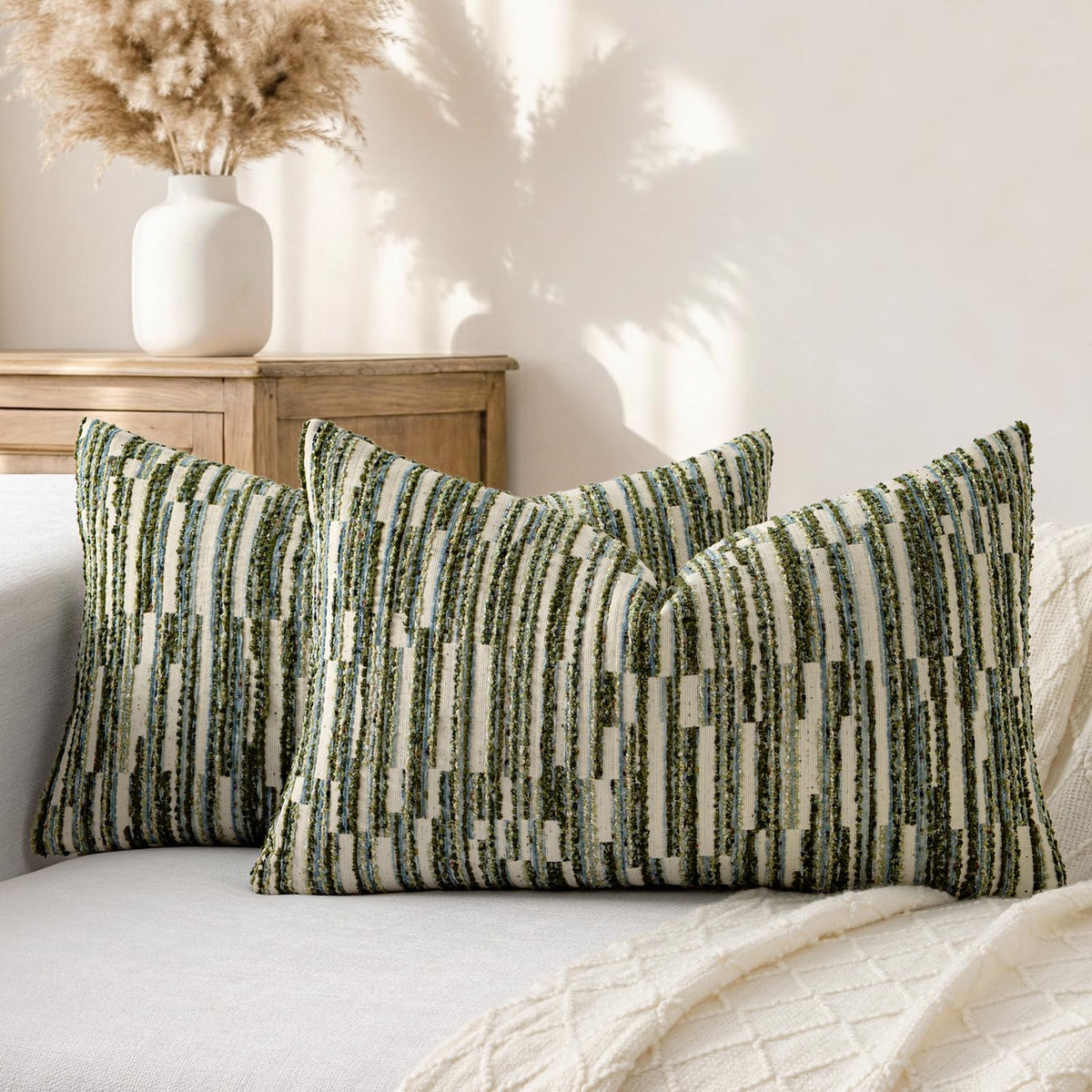 Boho Striped Decorative Throw Pillow Covers 20"X20" Set of 2,Moss Green