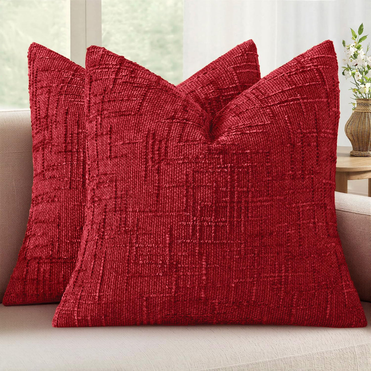 MIULEE Chenille Textured Throw Pillow Covers Cream White 18x18 Set of 2