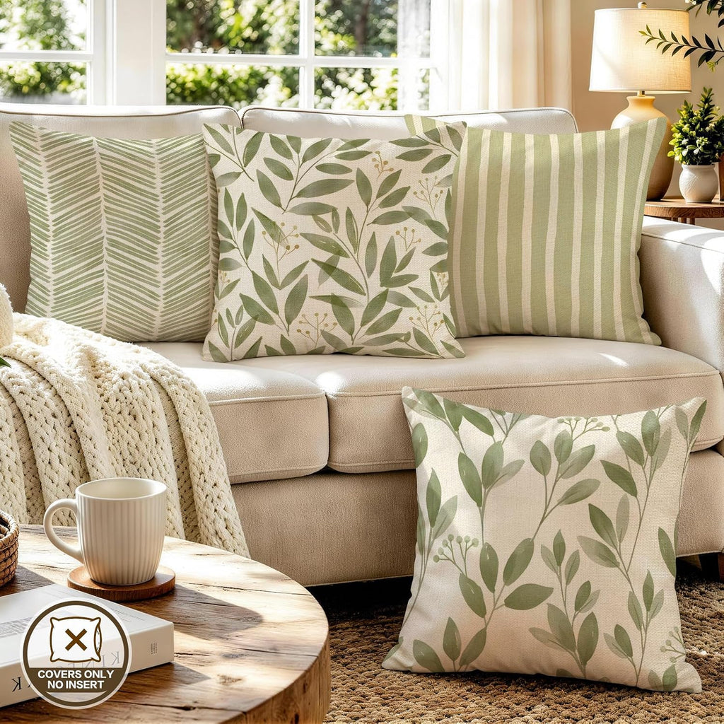 Sage Green Leaves Pillow Covers 18x18 Inch Botanical Cushion Cover Set of 4