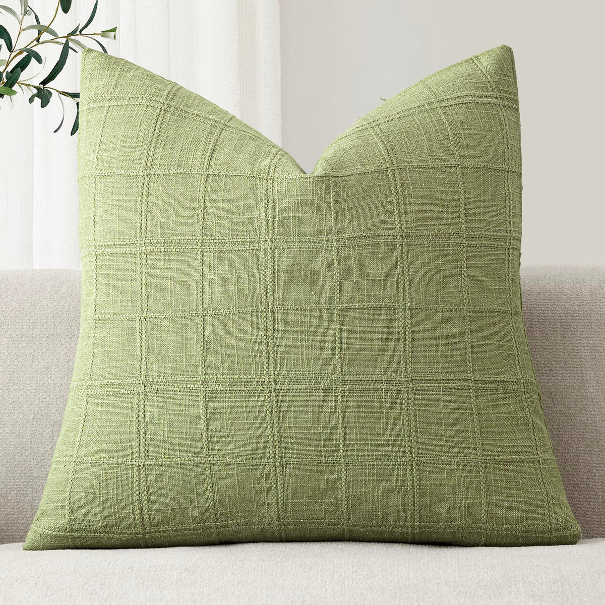 Foindtower Set of 1 Decorative Linen Check Throw Pillow Cover Neutral Farmhouse Lumbar Cushion Cover Modern Boho Home Decor for Sofa Chair Couch Bedroom Living Room,12×20 Inch,Olive Green