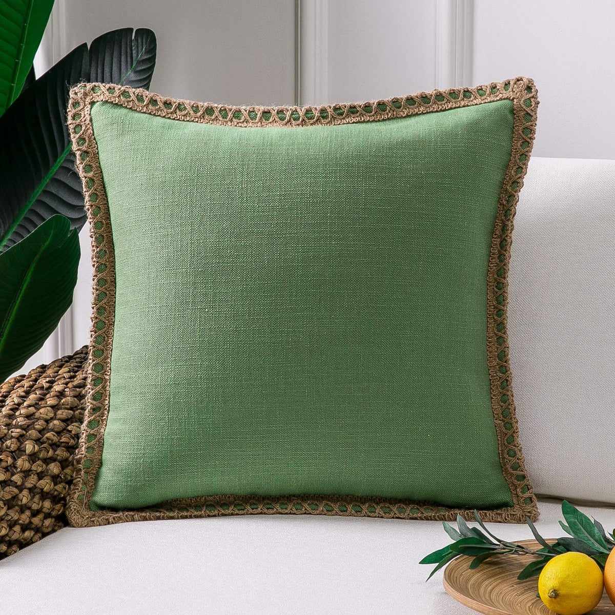 Phantoscope Pack of 2 Coastal Aqua Pillow Covers 18x18, Textured Polyester with Rope Trim, Fade Resistant Vintage Turquoise Blue Decorative Cushion Cases, Hidden Zipper, Farmhouse Boho Beach Decor