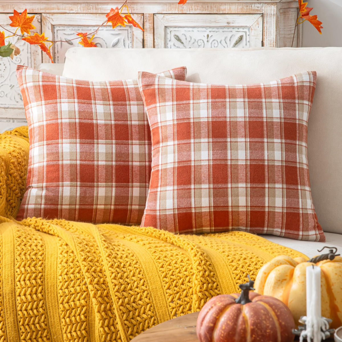 AQOTHES Fall Plaid Orange Throw Pillow Covers 18x18 Inch Set of 2