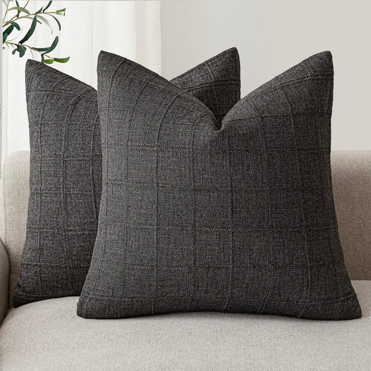 Foindtower Linen Check Decorative Throw Pillow Covers 18×18 Natural Beige