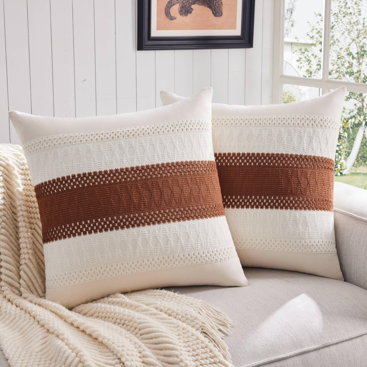 ZeeMart 2 Pack Boho Throw Pillow Covers, Contrast Green 22x22in