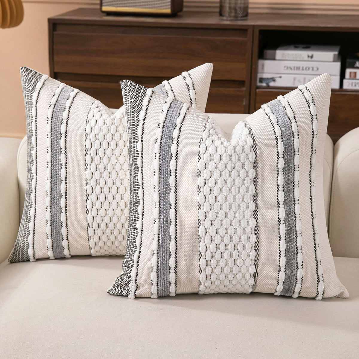 Boho Striped Throw Pillow Covers 18x18 Inch Set of 2 Farmhouse Square Decorative Pillow Covers Chenille Tufted Accent Neutral Pillowcase Grey Blue Cushion Cover for Living Room Couch Sofa Bed