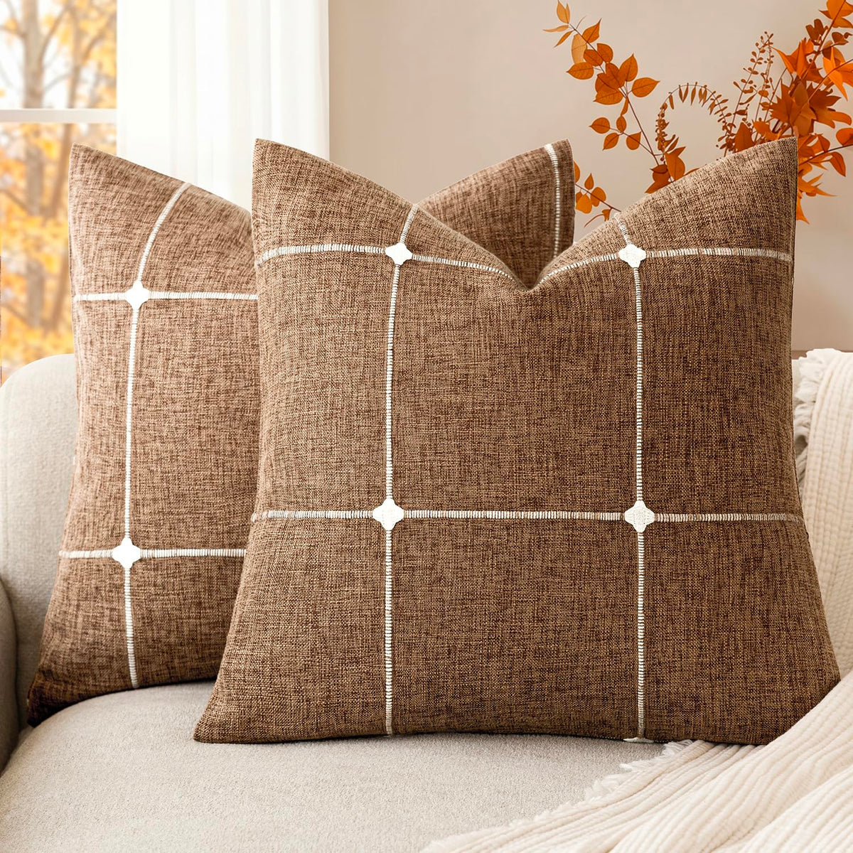 Foindtower Pack of 2 Decorative Faux Linen Jacquard Check Throw Pillow Covers Farmhouse Cushion Cover with Grid Textured Accent Pillowcase for Couch Sofa Living Room Home Decor,20×20 Inch,Oatmeal